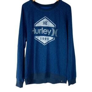 Hurley Y2K Graphic Print Fleece Sweater Men XL Blue Crew Neck Textured Logo 90s